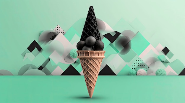 An ice cream cone with black balls on top of a green background.