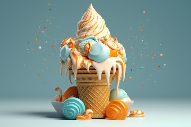 An ice cream cone with a blue and orange swirl on the top.