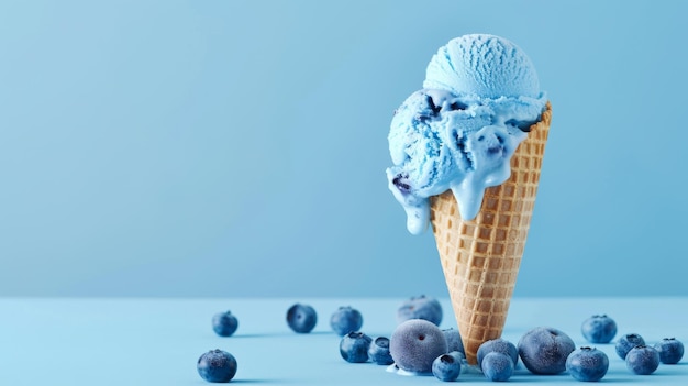 Foto cone di gelato con mirtilli su sfondo blu