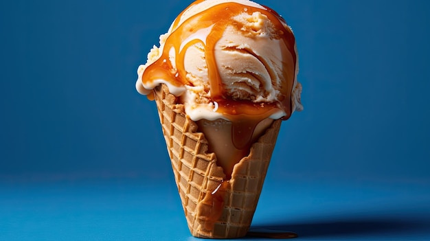 a ice cream cone with caramel sauce