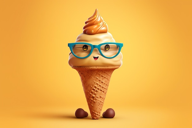 An ice cream cone with a cartoon ice cream cone with glasses and a blue rimmed hat.