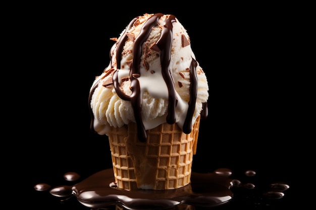 Ice cream cone with chocolate chips and vanilla ice cream on dark background