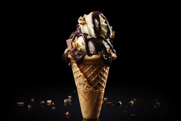 Ice cream cone with chocolate chips and vanilla ice cream on dark background