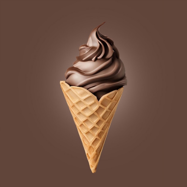 An ice cream cone with chocolate icing on a brown background with a shadow of the ice cream cone