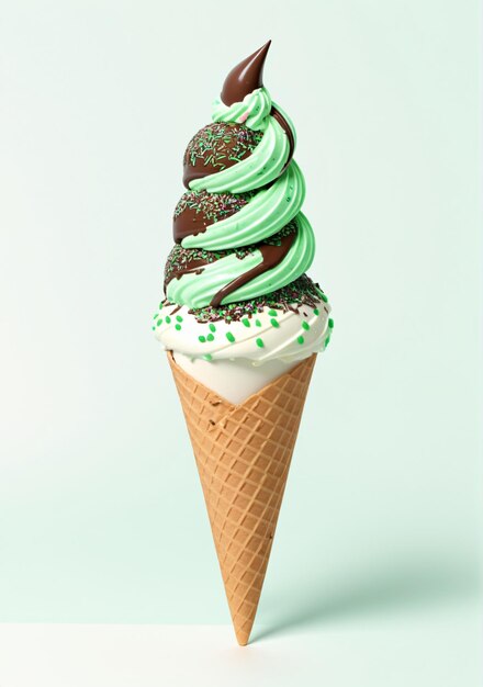 Ice Cream Cone With Chocolate And Mint Sprinkles Isolated On A White Background