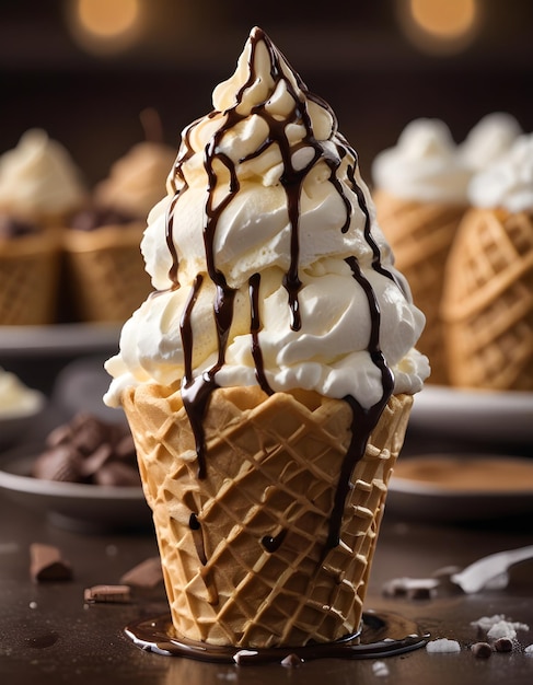 a ice cream cone with chocolate sauce on it