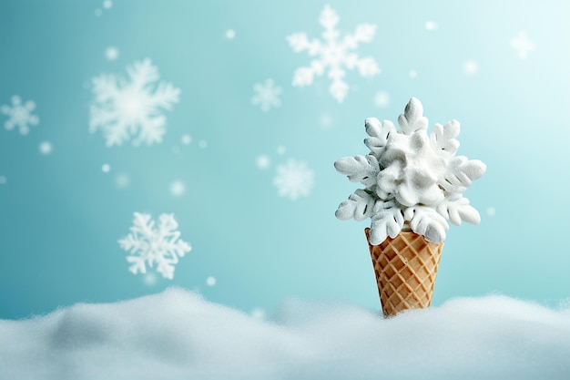 Ice cream cone with Christmas decoration snowflake greeting card Minimal Christmas or New Year winter holidays concept Waffle cone and snow flakes summer meets winter sweet dessert