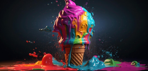 다채로운 페인트칠을 한 아이스크림 콘이 그 안에 쏟아지고 있습니다.