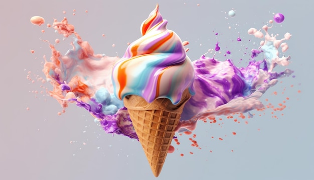 An ice cream cone with a colorful paint splashing around it.