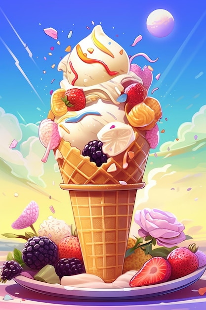 Ice cream in cone with colorful toppings is playful delicious Illustration Generative AI