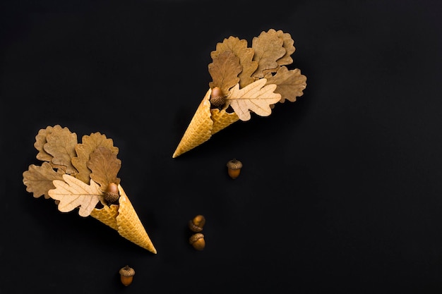 Ice cream cone with dry oak leaves and acorns on the black background Top view Copy space