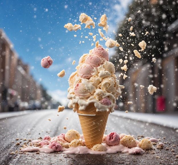 Ice cream cone with falling pieces of ice cream on the street