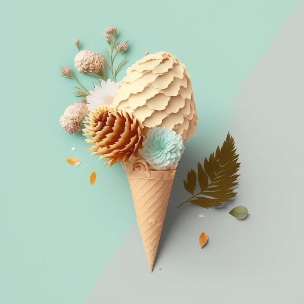 An ice cream cone with a flower on it