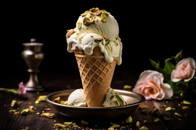 an ice cream cone with flowers and a candle.