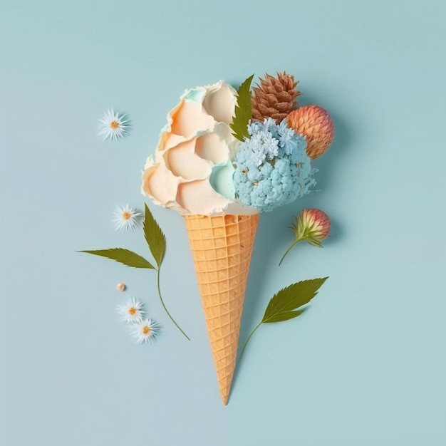 An ice cream cone with flowers and leaves on a blue background.