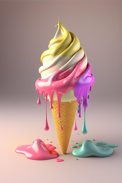 Ice cream cone with flowing multicolored droplets on pastel background 3D rendering AI generated