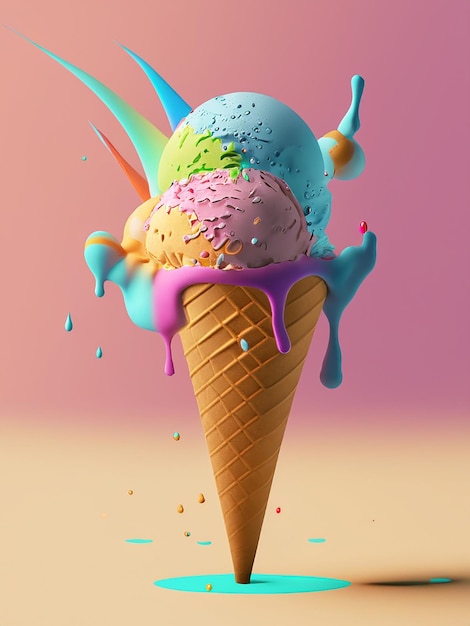 3D-рендеринг мороженого с многоцветными каплями на пастельном фоне