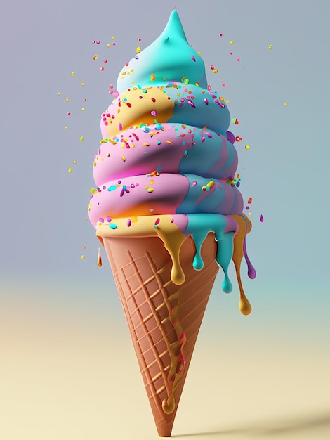 Ice cream cone with flowing multicolored droplets on pastel background 3D rendering