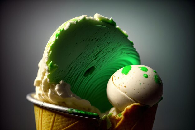 An Ice Cream Cone With Green Icing And A Scoop Of Ice Cream