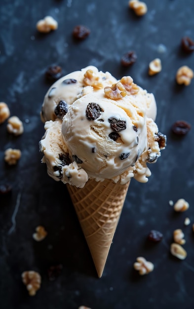 Foto cono di gelato con palline di gelato di diversi sapori