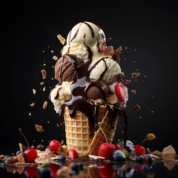 아이스크림과 딸기가 얹어진 아이스크림 콘