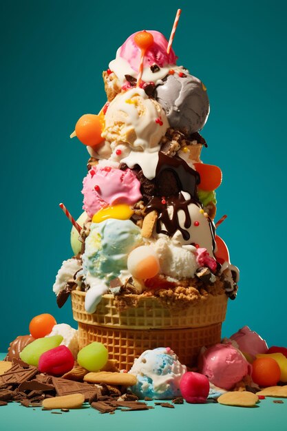 a ice cream cone with ice cream cones on top