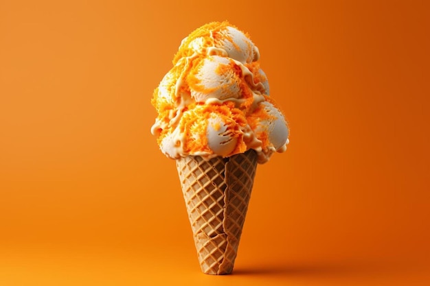 Ice cream cone with ice cream on a orange background