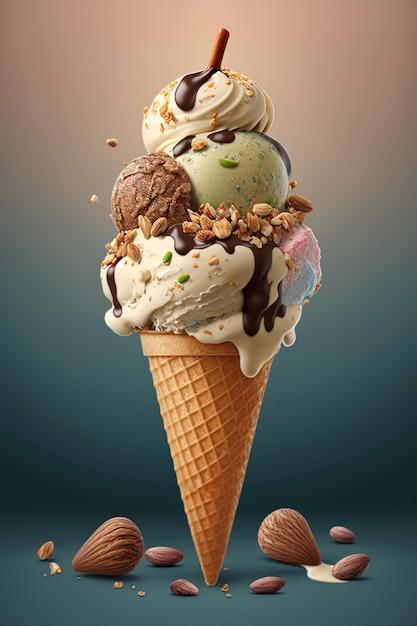 Ice cream cone with nuts Generative AI