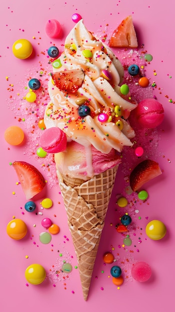 Foto ice cream cone with peach and watermelon with lot of colorful and pop candy and sauce