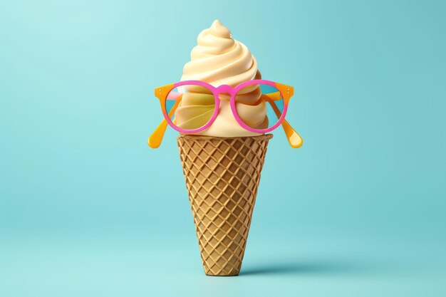 A ice cream cone with a pink glasses on it.