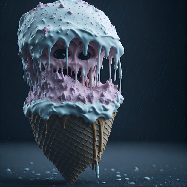 A ice cream cone with pink icing on it and the word ice cream on it.