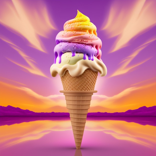 An ice cream cone with purple and yellow toppings on it.