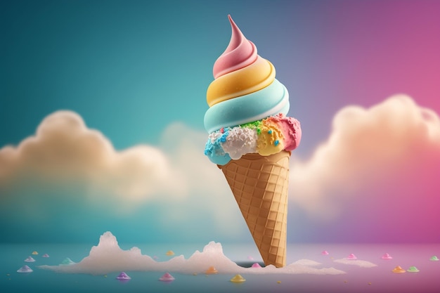 An ice cream cone with a rainbow background.