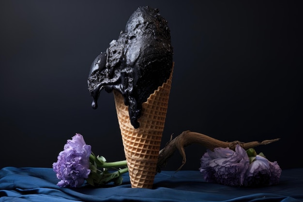 An ice cream cone with a scoop of squid ink flavor