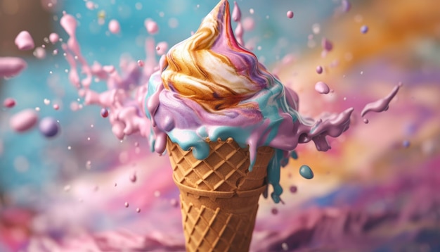 An ice cream cone with a splash of water in the background.