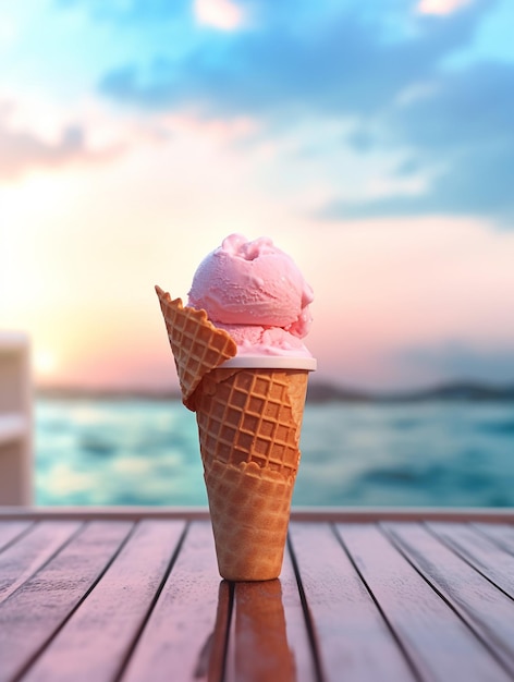 Ice cream cone on the wooden table with beach background