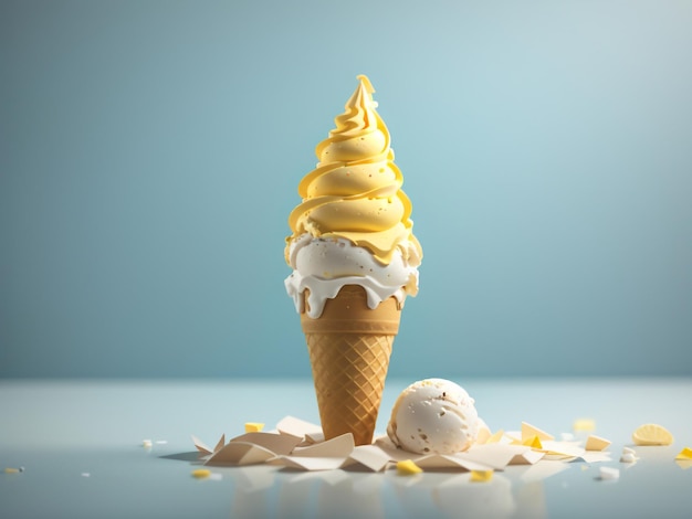 黄色い背景のコーンにアイスクリーム 夏の喜び