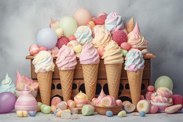 Ice cream cones are displayed in front of a box of candy.