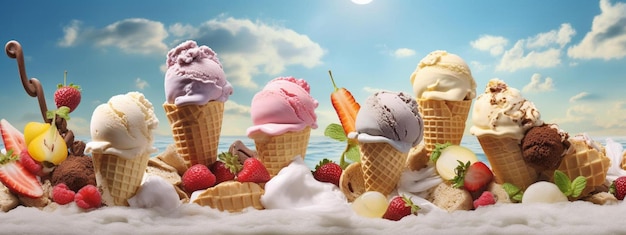 Ice cream cones are on a sunny day.