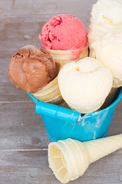 Ice cream in cones in blue pot