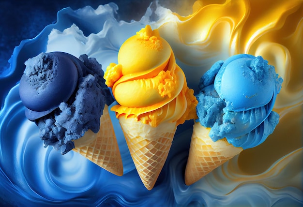 Ice cream in cones over blueyellow background generative ai