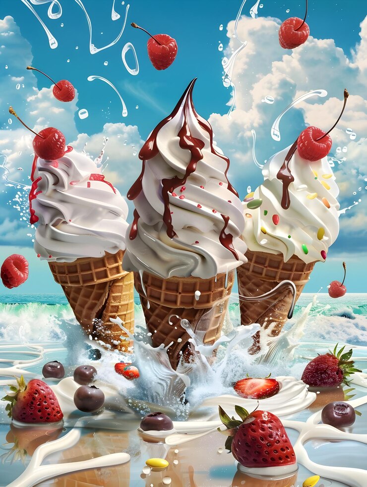 Photo ice cream cones flying above ocean with cherries and fruit ice cream cones covered in various toppings floating and flying in the air and water