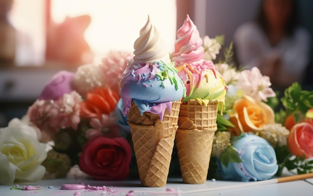 Ice Cream Cones in Natural Summer Colors Generative AI