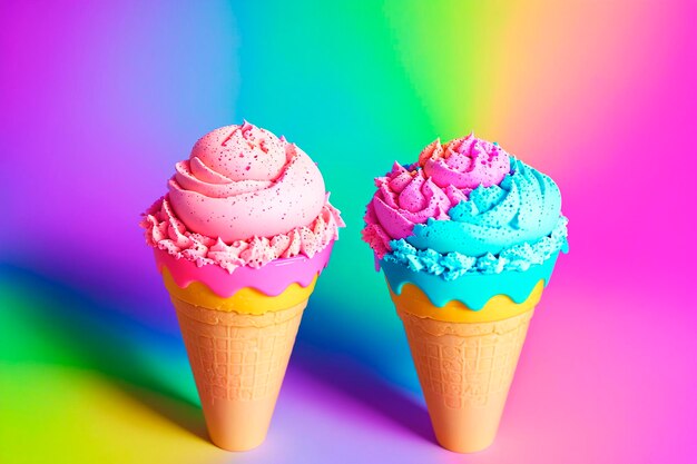 Ice cream cones on rainbow background colorful ice creams generative ai