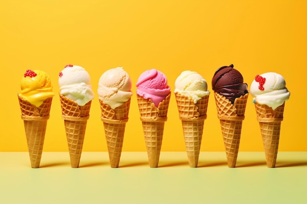 Ice Cream Cones in a Variety of Flavors on a Yellow Background AI