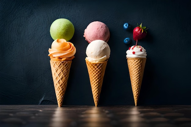 ice cream cones with berries on a dark background.