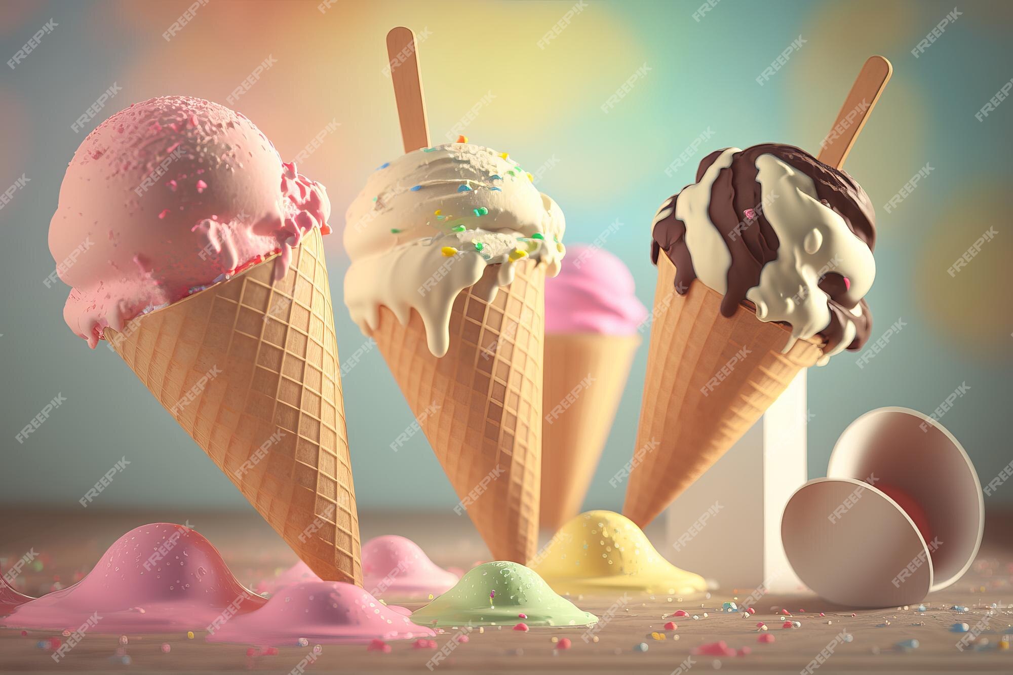 Ice Cream In A Series Of Cones With Different Flavors Background