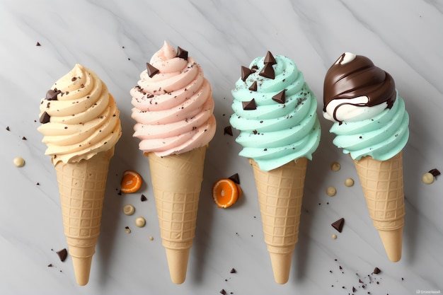 Фото Конусы мороженого с фундуком, мятой и шоколадом, апельсином и клубникой