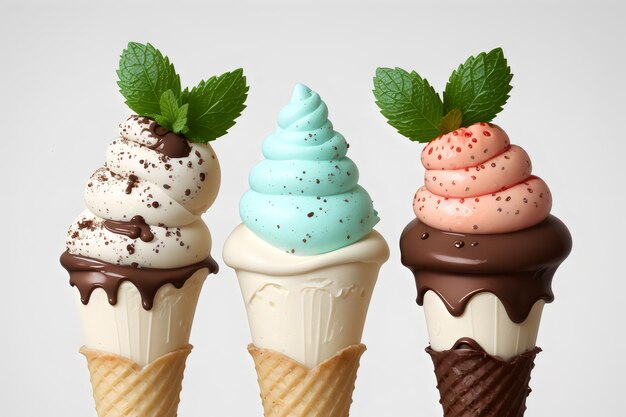 ice cream cones with hazelnut mint and chocolate orange and strawberry