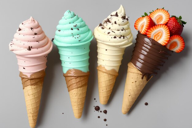 конусы мороженого с фундуком, мятой и шоколадом, апельсином и клубникой